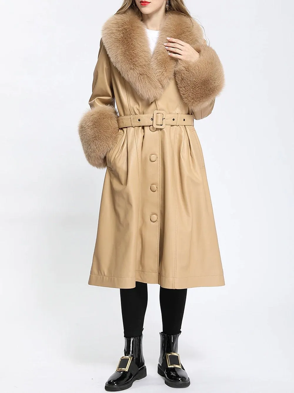 Faux Fur Genuine Leather Coat in Beige