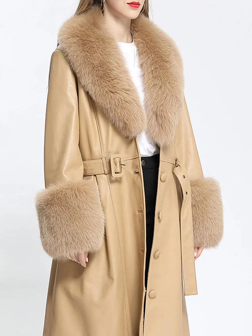 Faux Fur Genuine Leather Coat in Beige