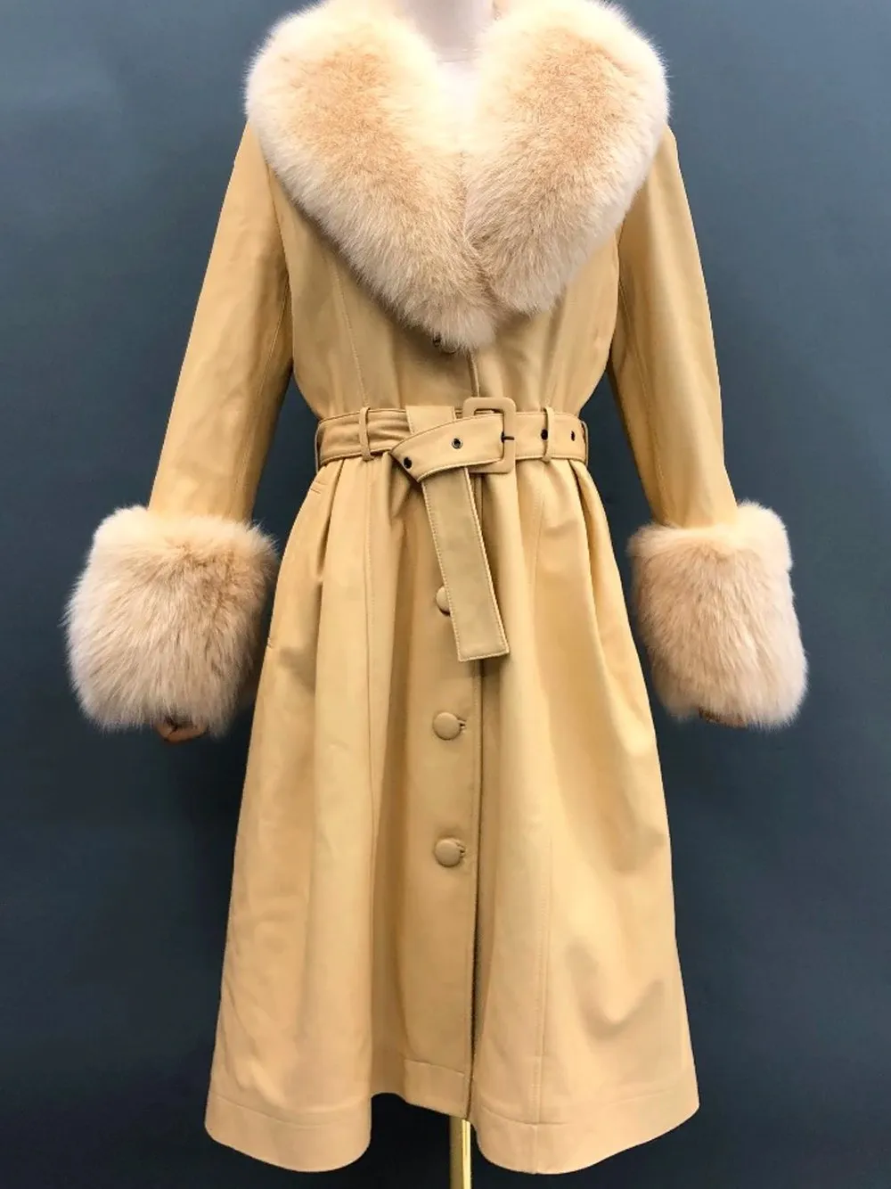 Faux Fur Genuine Leather Coat in Beige