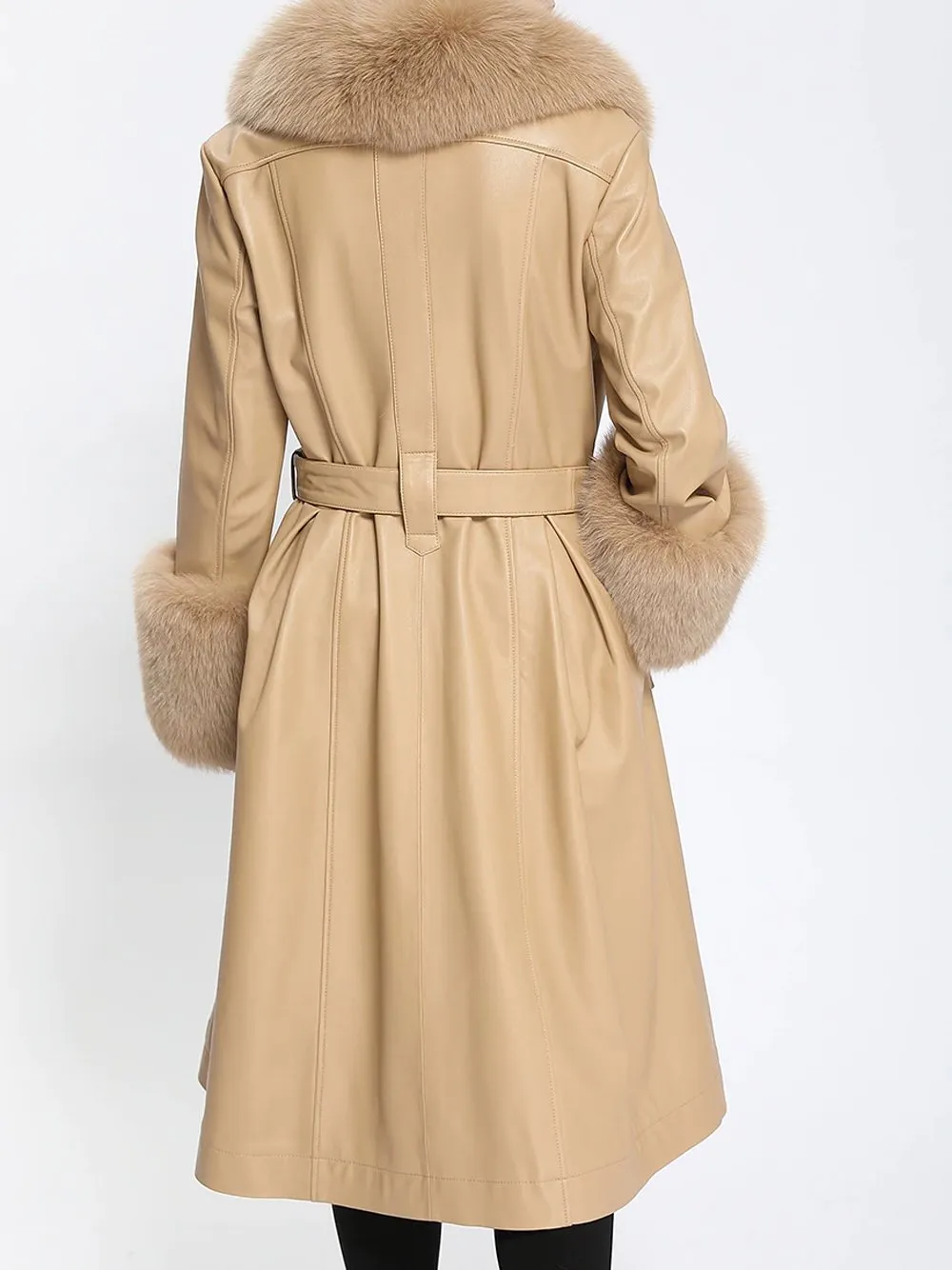 Faux Fur Genuine Leather Coat in Beige