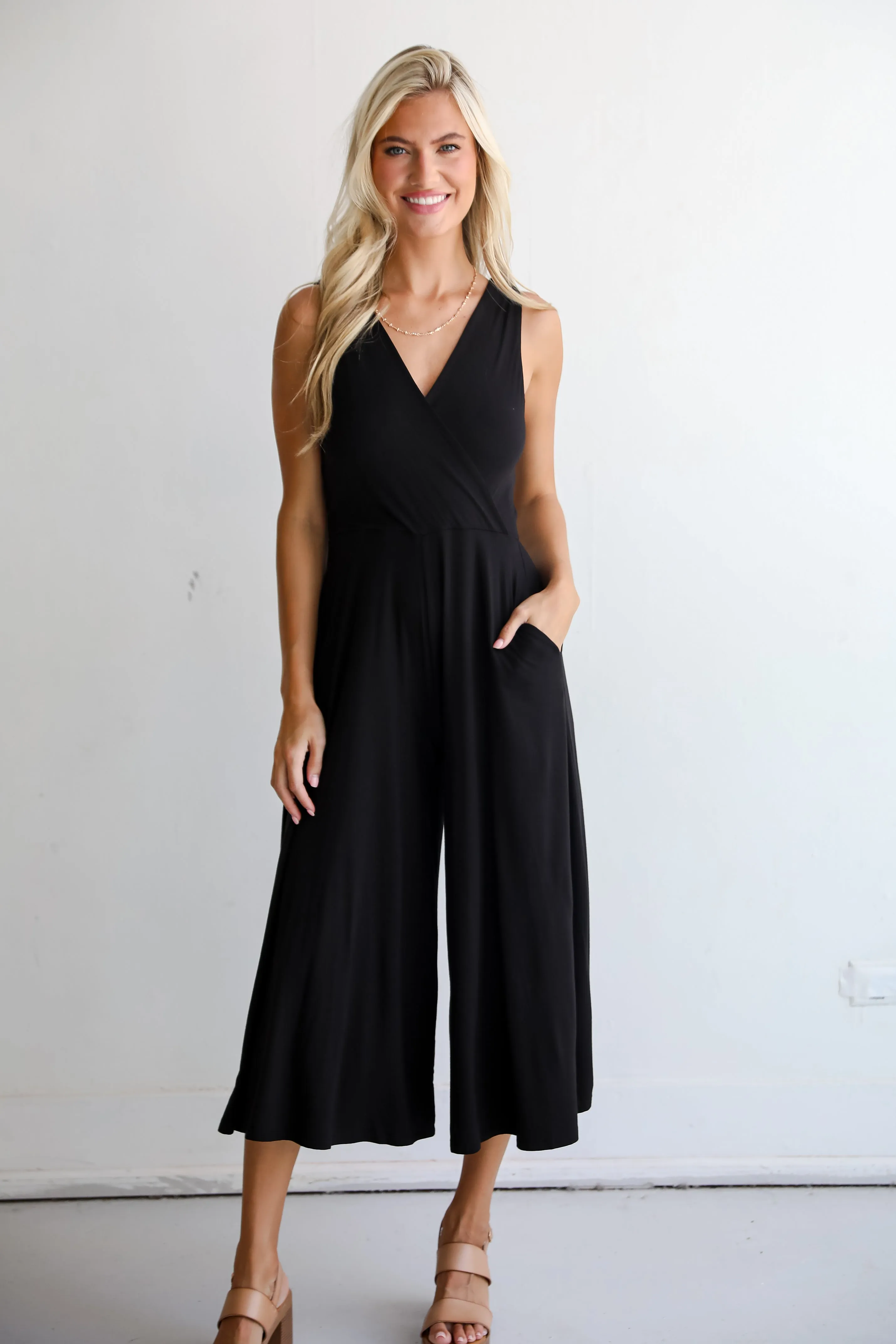 FINAL SALE - Playful Impression Black Surplice Jumpsuit