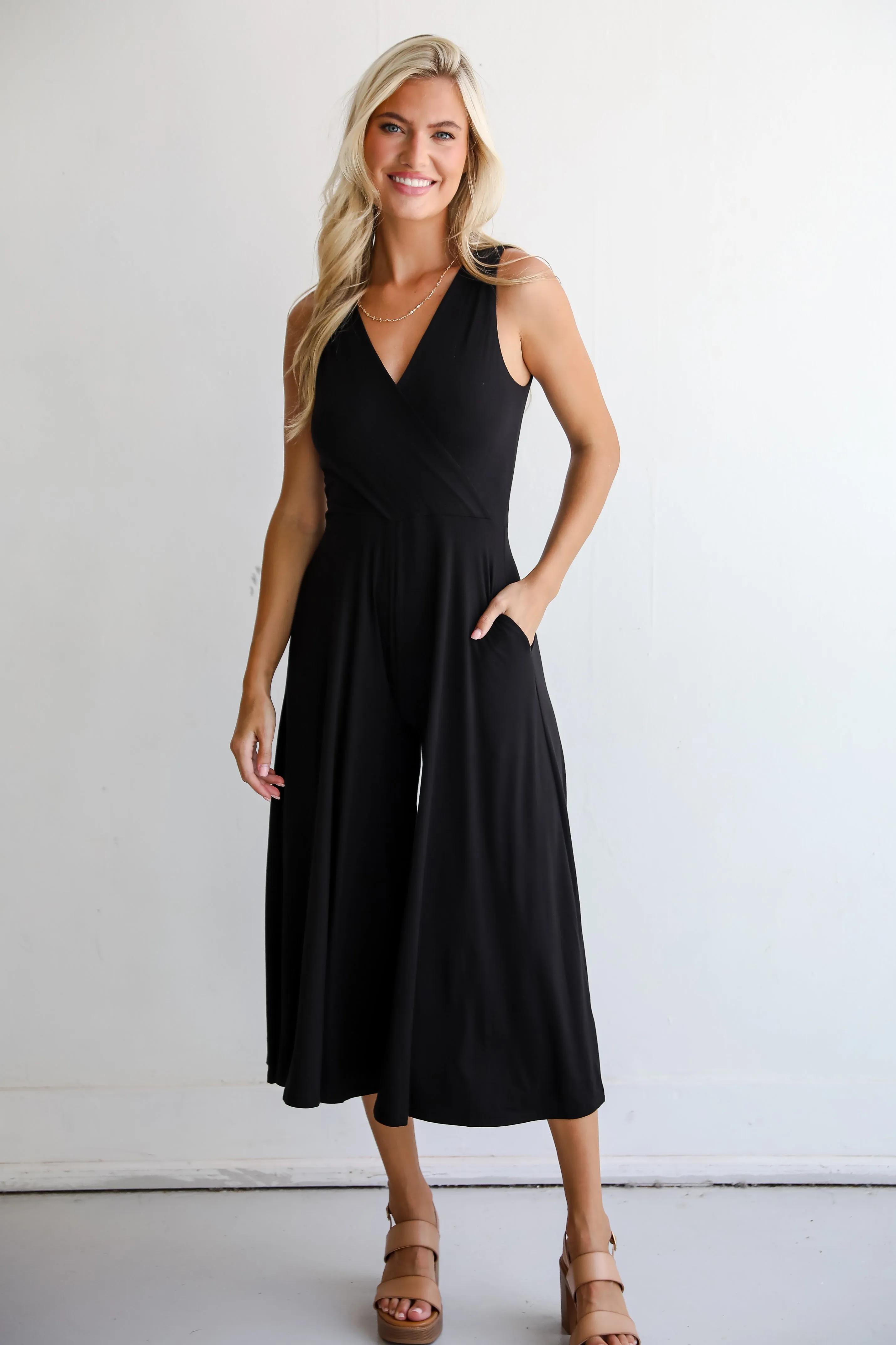 FINAL SALE - Playful Impression Black Surplice Jumpsuit