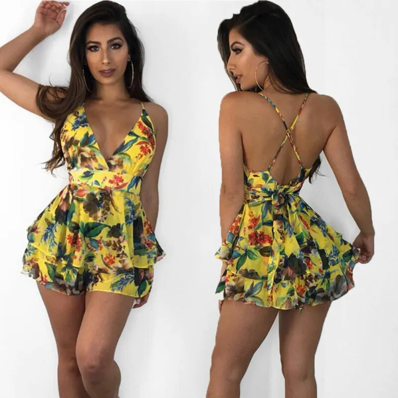 Floral Sleeveless Strap V-neck  Rompers Backless