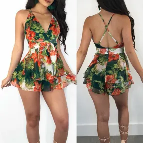 Floral Sleeveless Strap V-neck  Rompers Backless