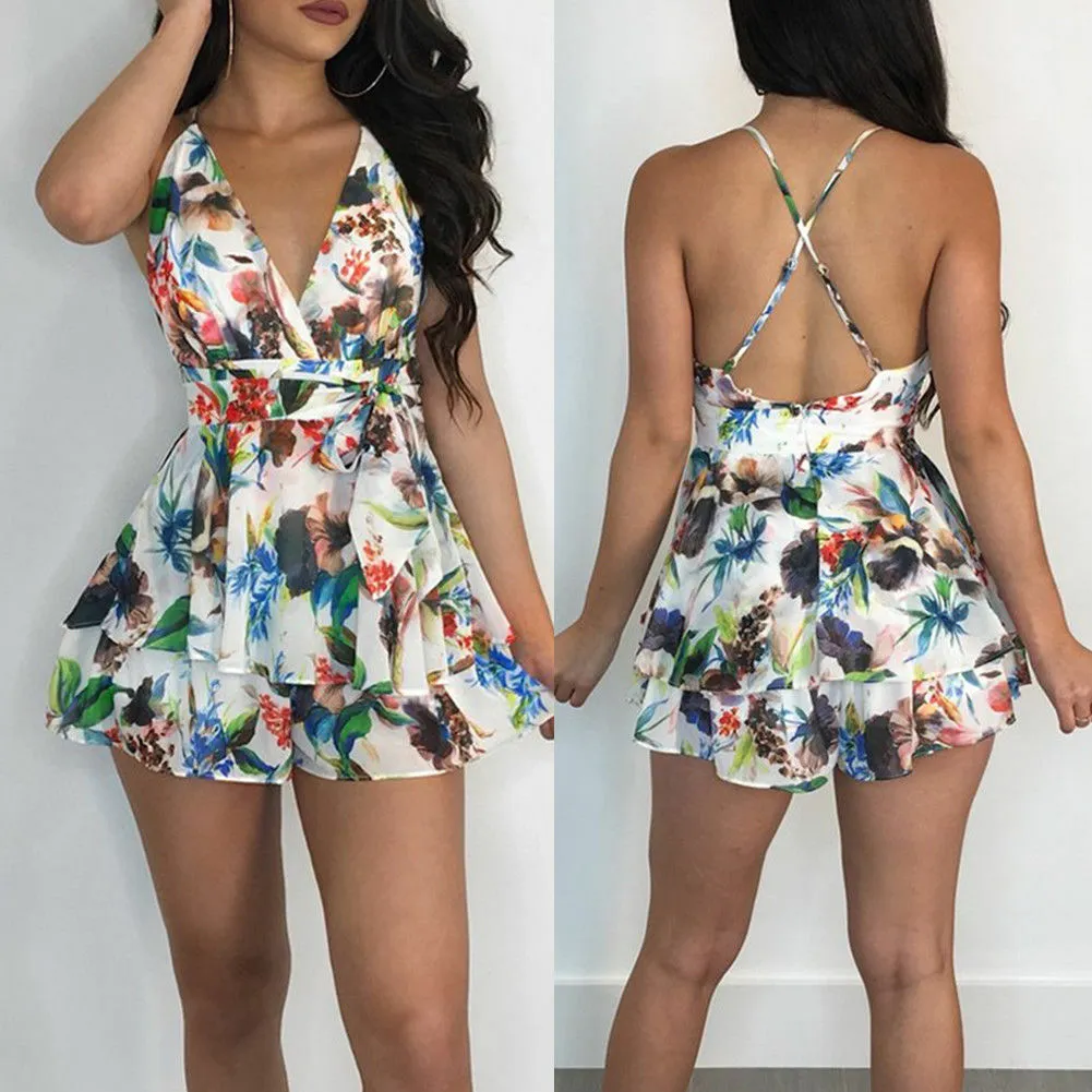 Floral Sleeveless Strap V-neck  Rompers Backless