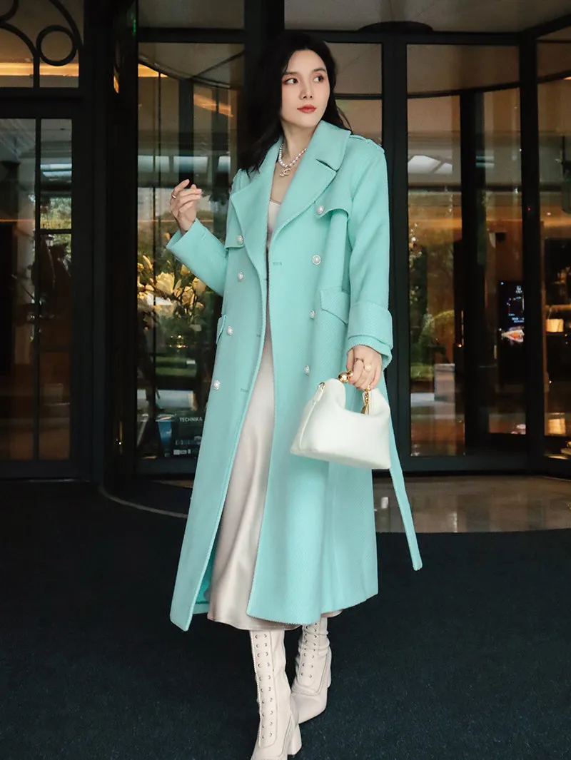 French ladies winter gentle tie tourmaline green elegant light luxury thick twill woolen long sleeve coat- Rita