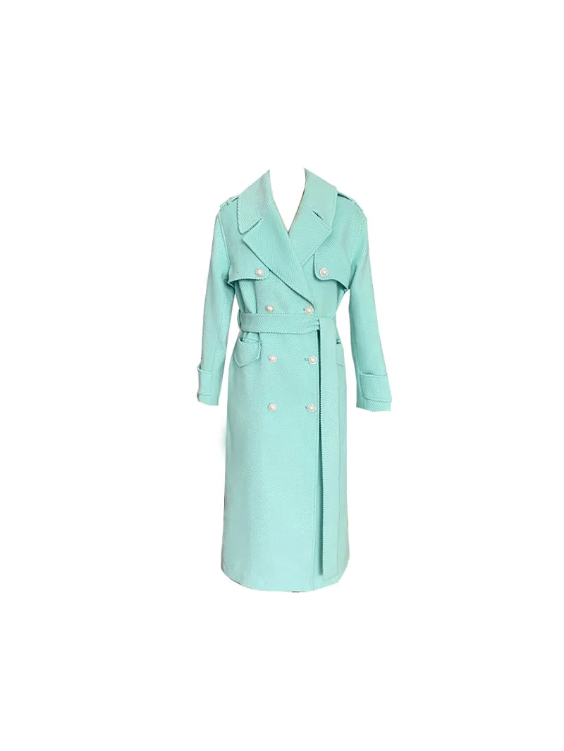 French ladies winter gentle tie tourmaline green elegant light luxury thick twill woolen long sleeve coat- Rita