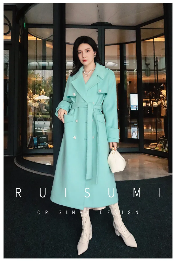 French ladies winter gentle tie tourmaline green elegant light luxury thick twill woolen long sleeve coat- Rita