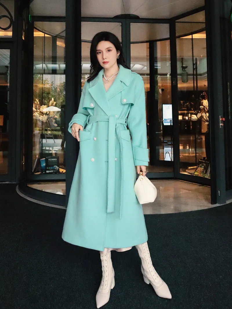 French ladies winter gentle tie tourmaline green elegant light luxury thick twill woolen long sleeve coat- Rita