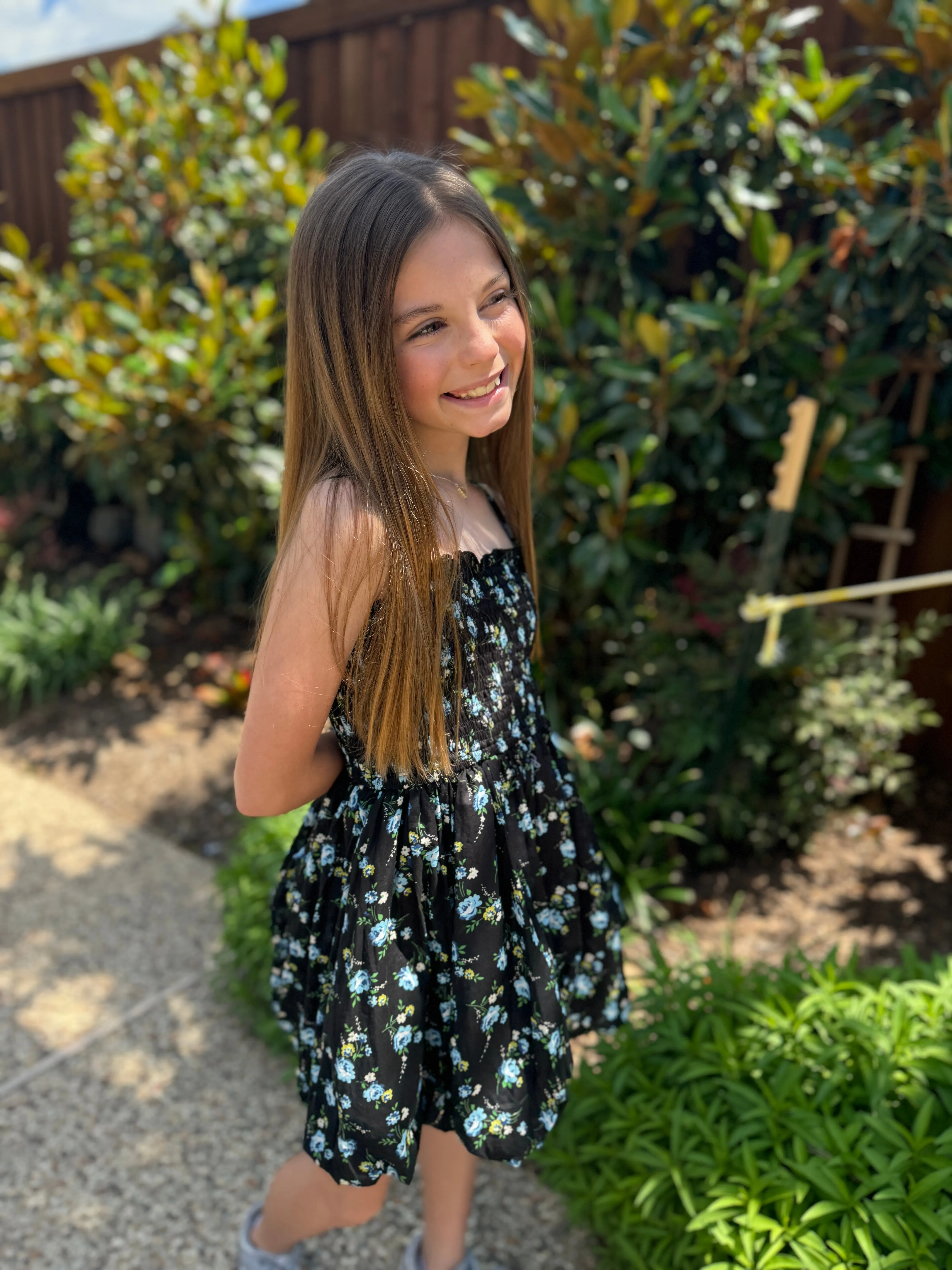 Girls Black Floral Bubble Dress