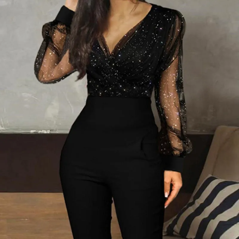 Glitter Mesh Long Sleeve Jumpsuit