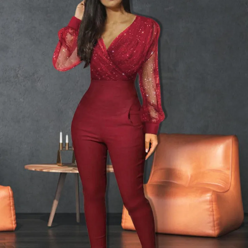 Glitter Mesh Long Sleeve Jumpsuit