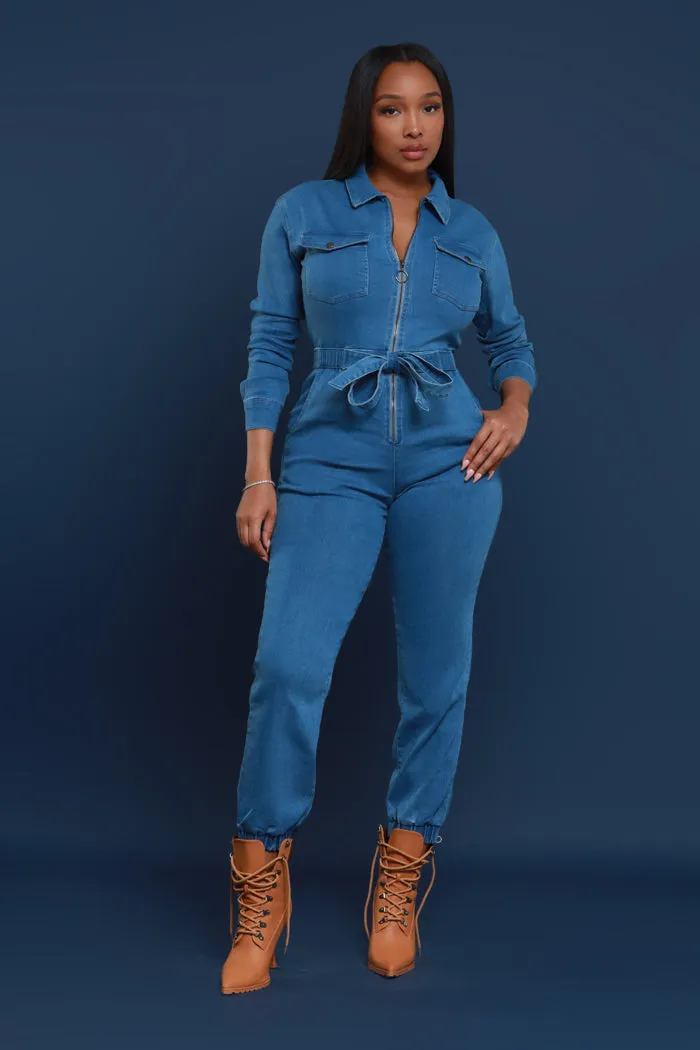 Go Around Stretchy Denim Jumpsuit - Mid Wash