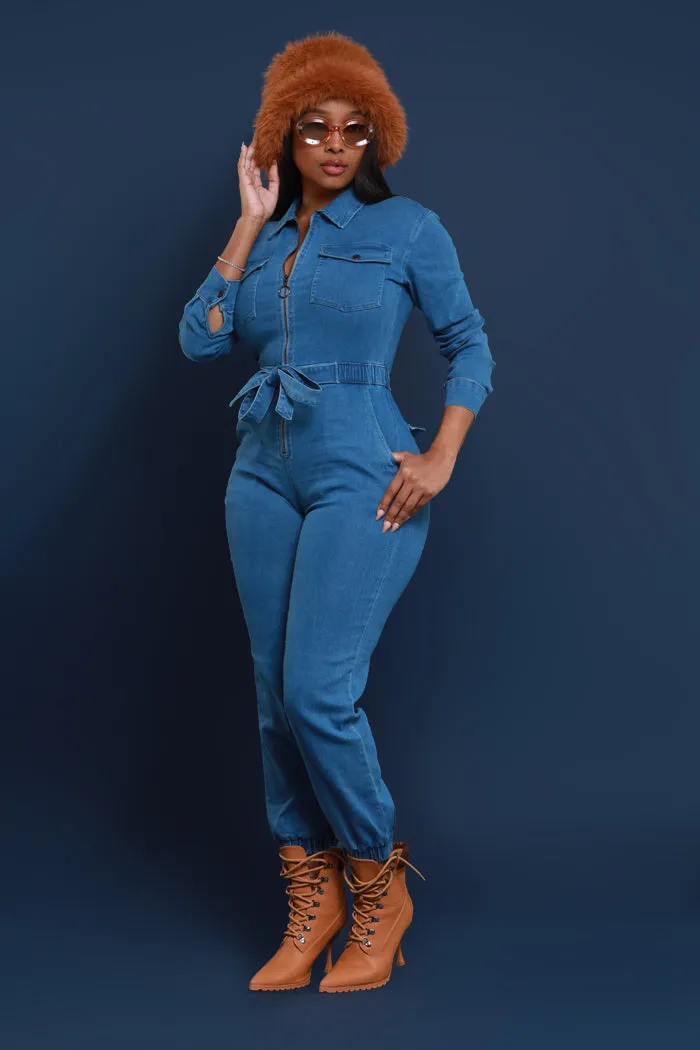 Go Around Stretchy Denim Jumpsuit - Mid Wash