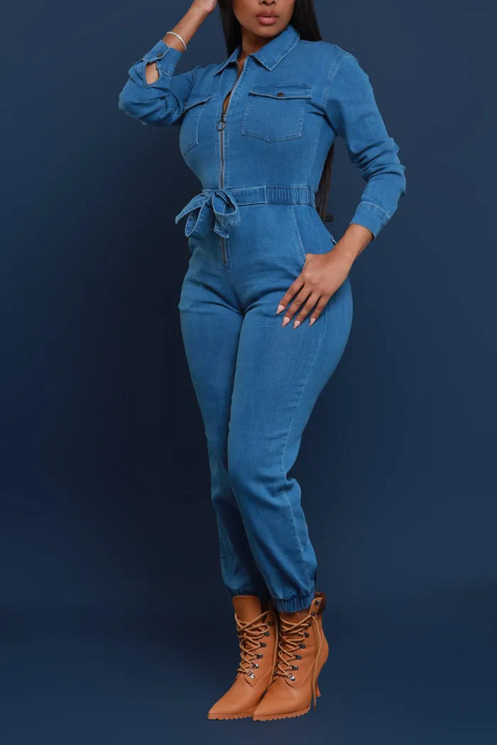 Go Around Stretchy Denim Jumpsuit - Mid Wash