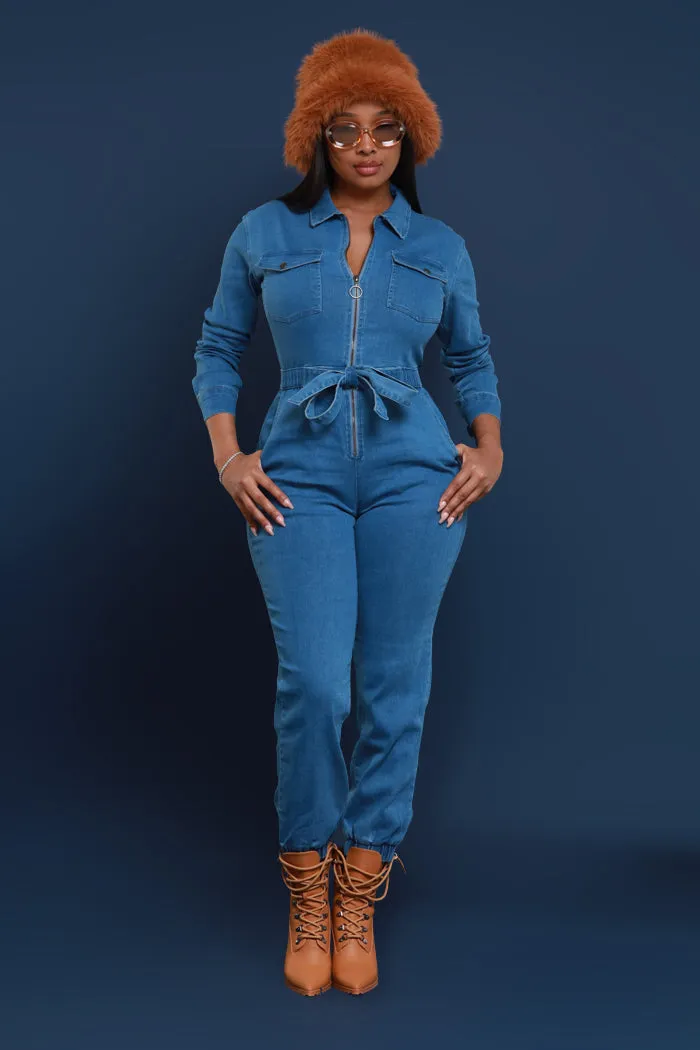 Go Around Stretchy Denim Jumpsuit - Mid Wash