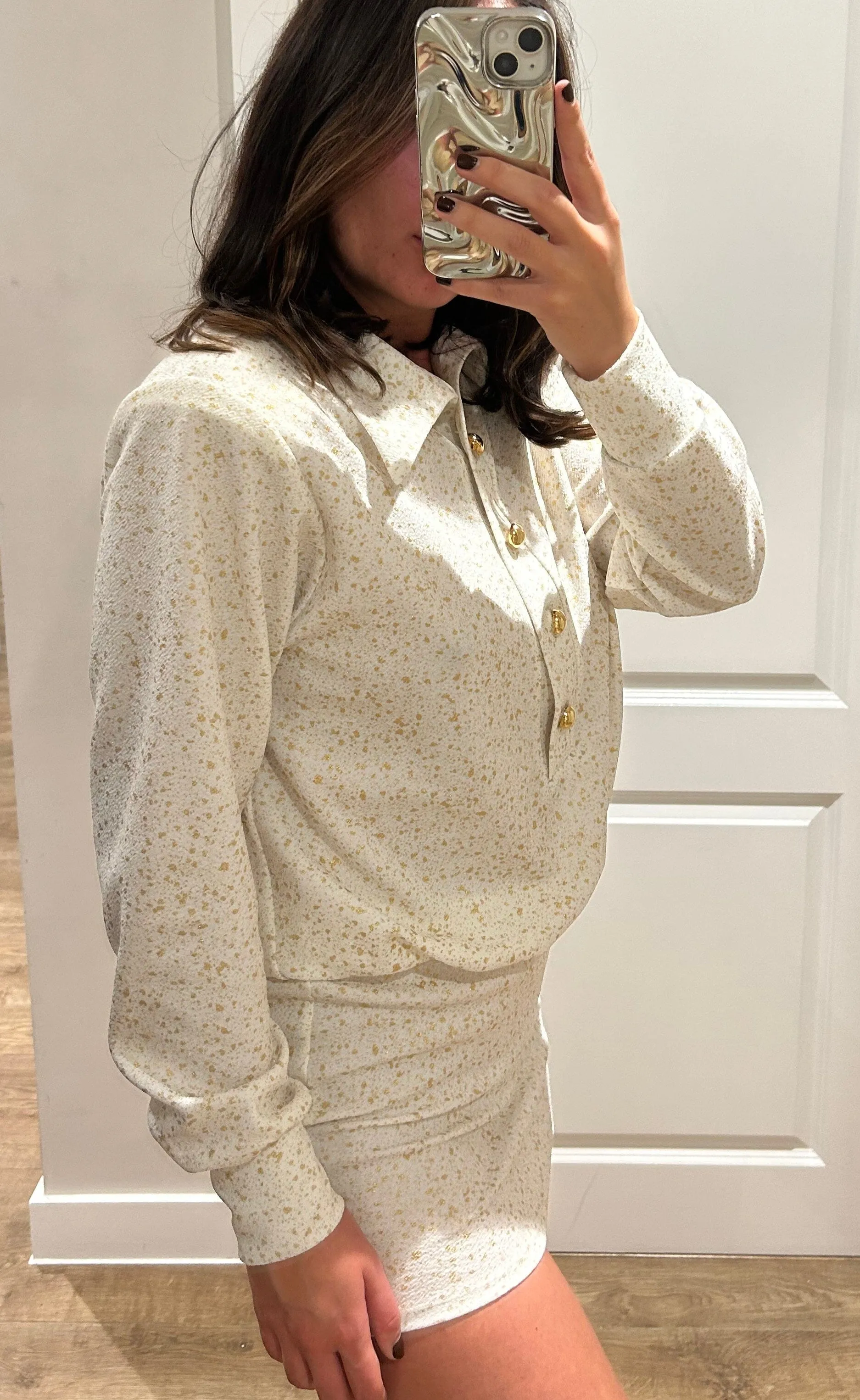 Gold Speckle Gold Button Shirt Dress