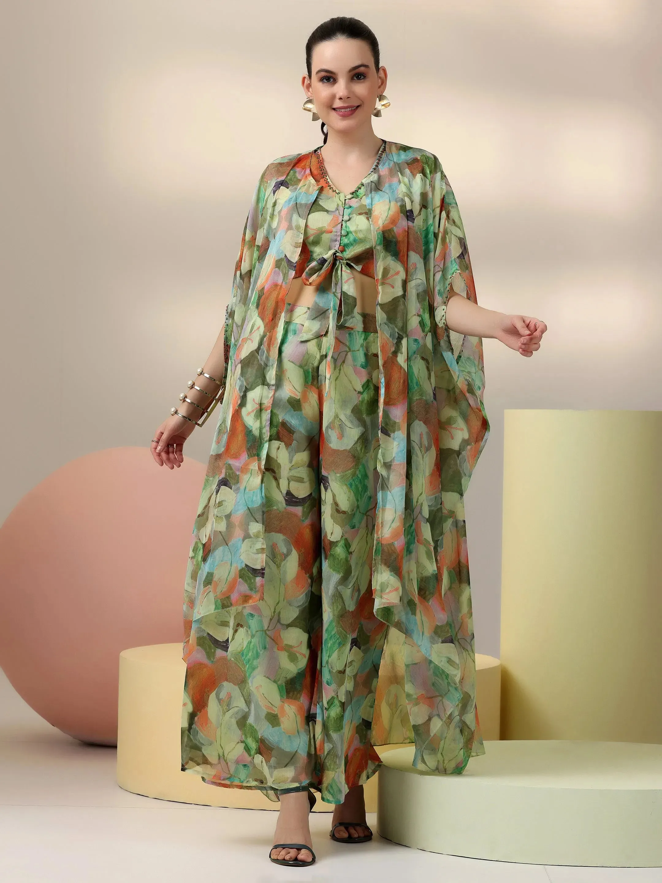 Green Printed Polyester 3 Piece Co-Ords