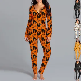 Halloween Printed Jumpsuit Long Sleeve Home Pajamas Casual Trousers Women's Clothing