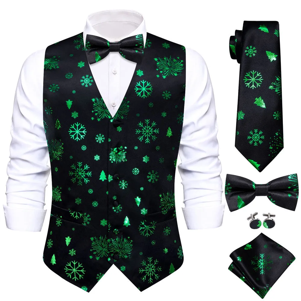 Hi-Tie Black Green Christmas Elements Vest Necktie Bowtie Set