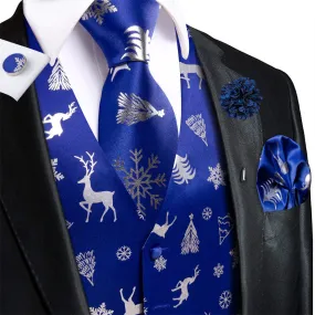 Hi-Tie Mens Waistcoat Blue Silver Christmas Tree Elements Vest Necktie Set