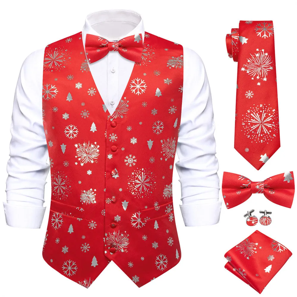 Hi-Tie Red Silver Christmas Elements Vest Necktie Bowtie Set