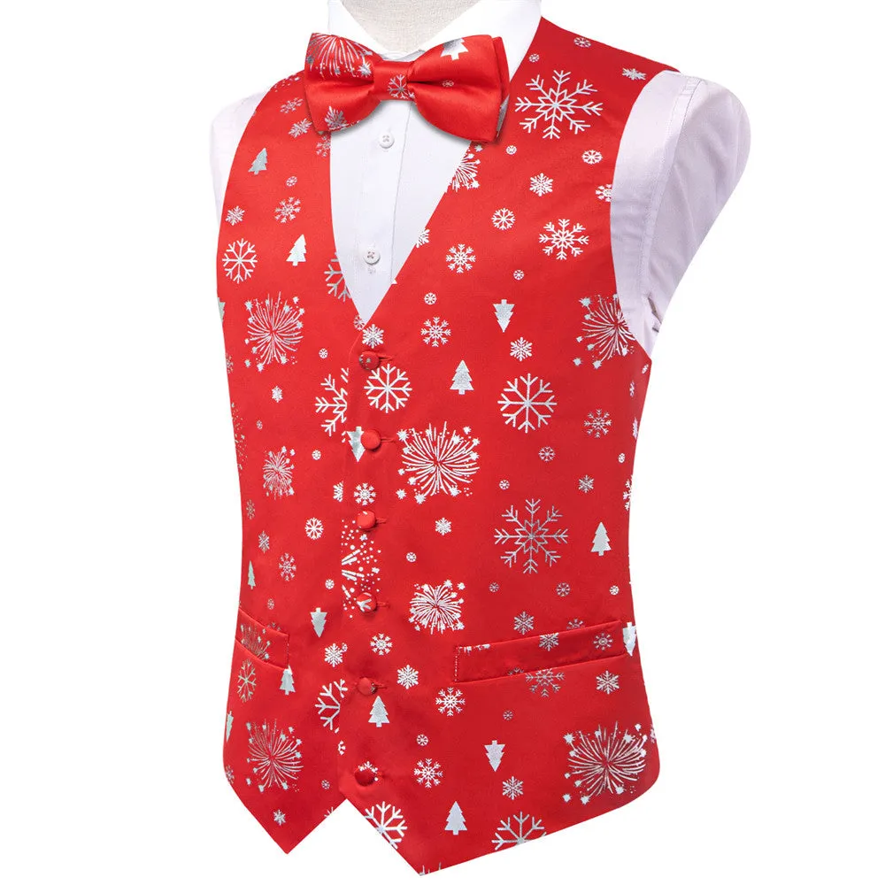 Hi-Tie Red Silver Christmas Elements Vest Necktie Bowtie Set