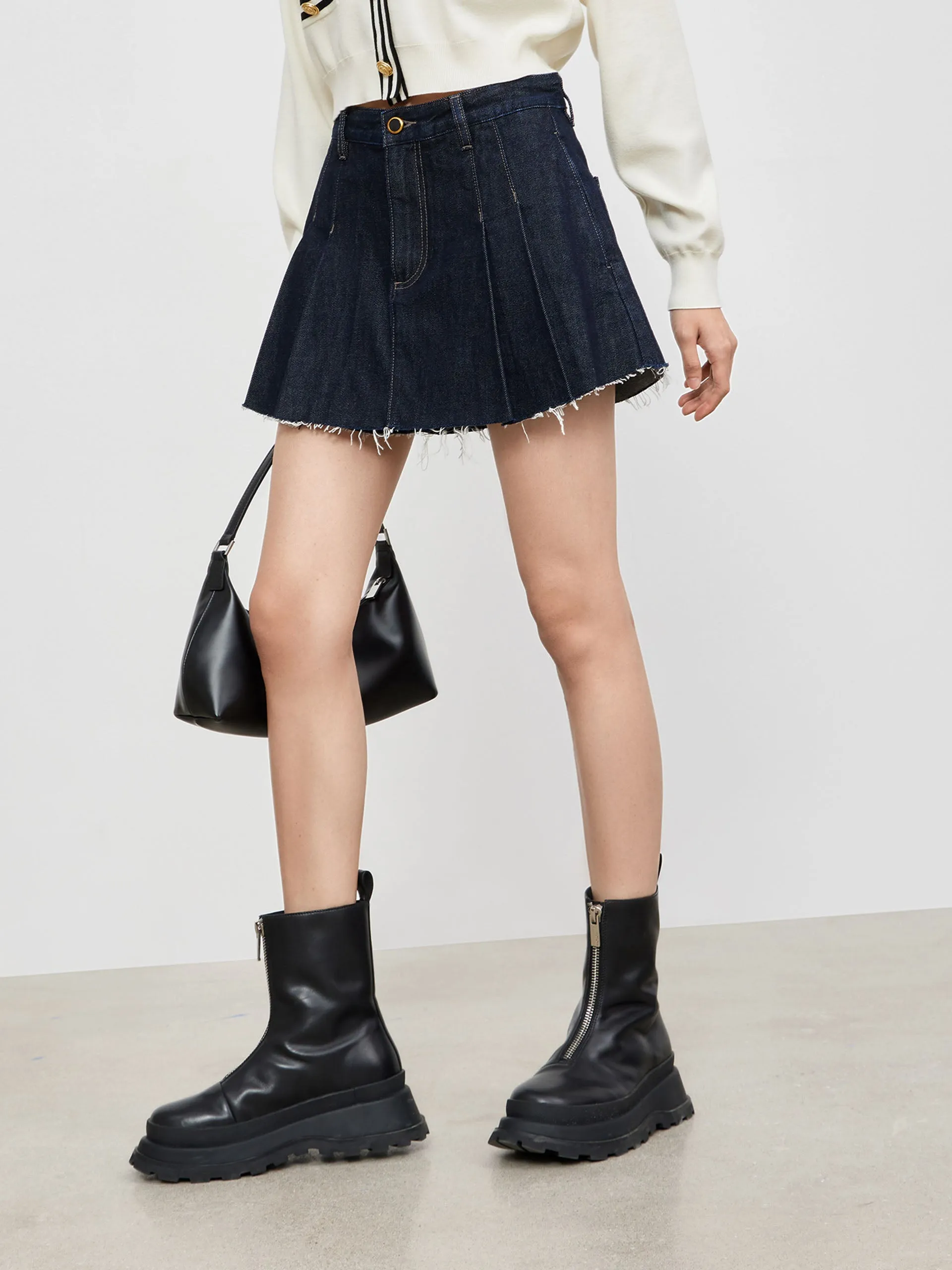 High Waist Pleated Denim Culottes