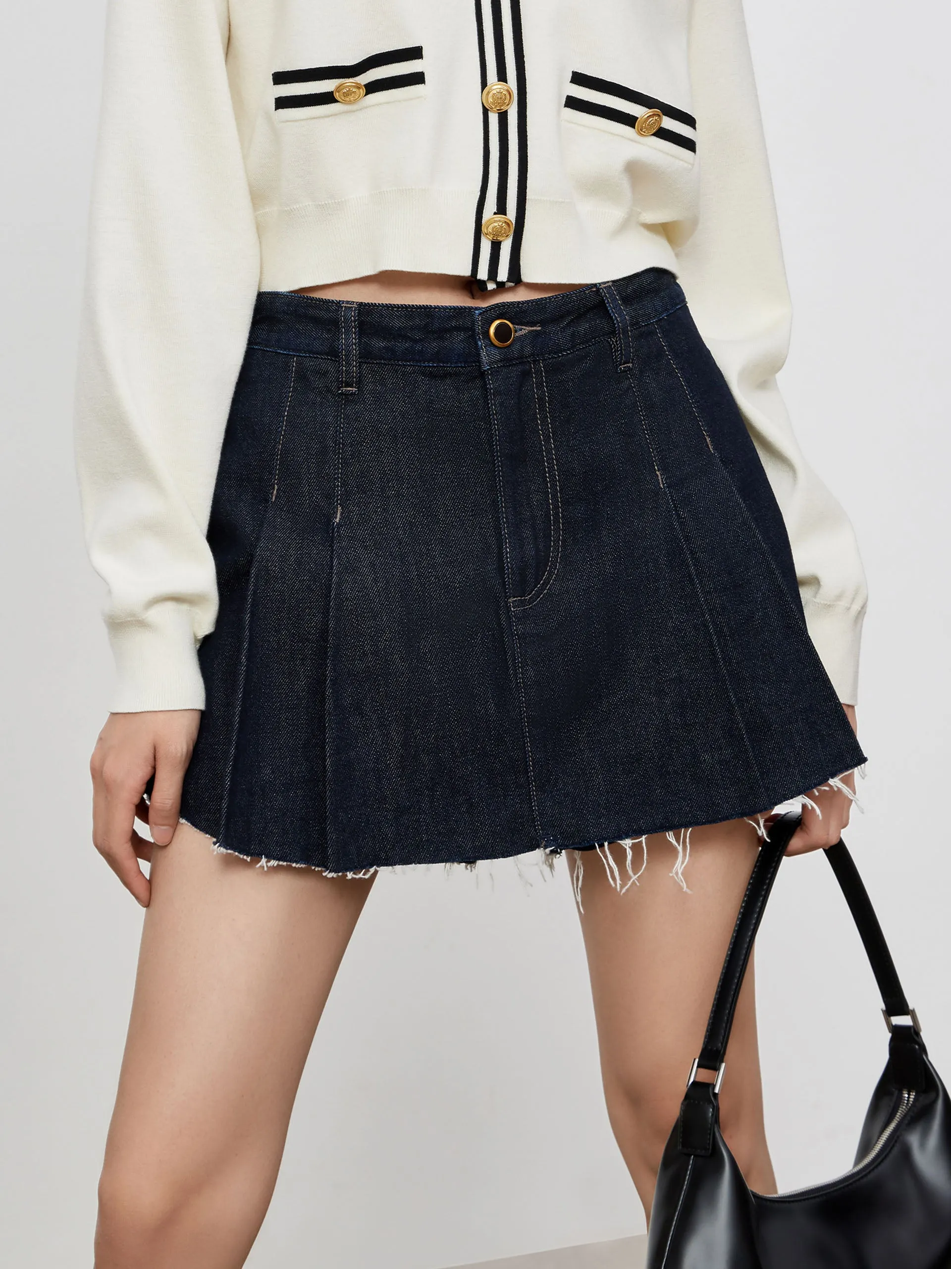 High Waist Pleated Denim Culottes