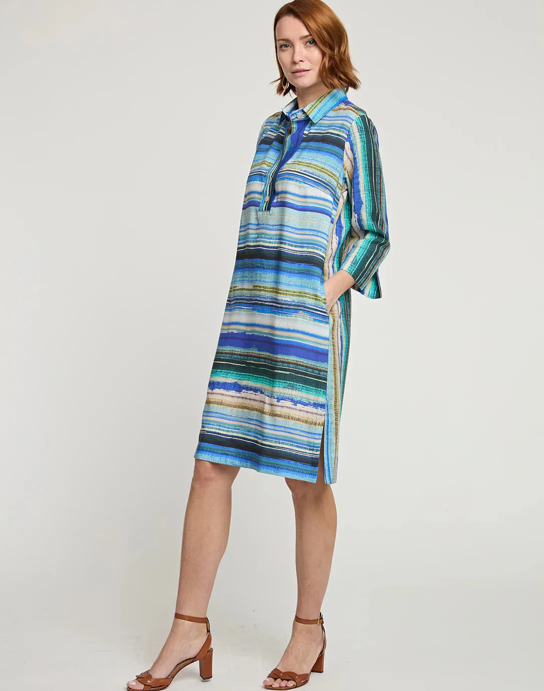 HINSON WU - CHARLOTTE 3/4 SLLEVE TENCEL TEXTURED STRIPE DRESS