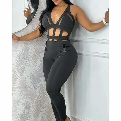 Hollow Out Halter Buckled Contrast Mesh Jumpsuit