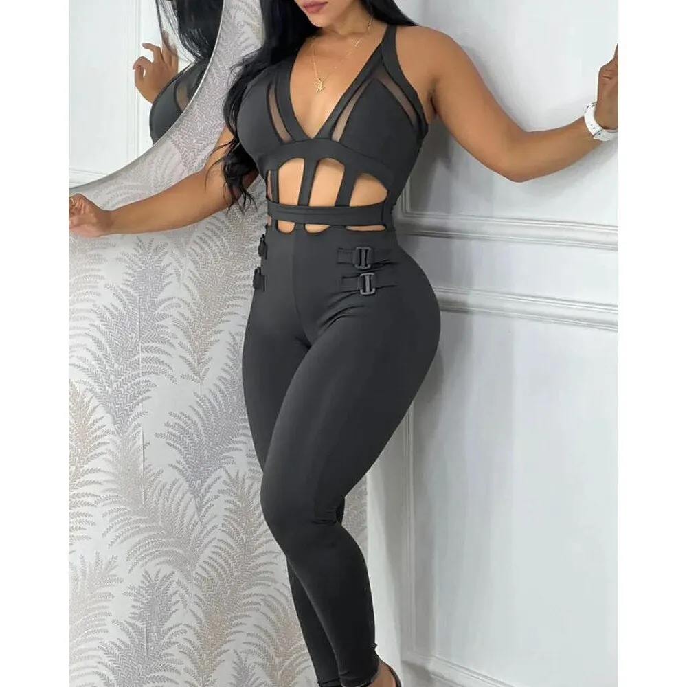 Hollow Out Halter Buckled Contrast Mesh Jumpsuit