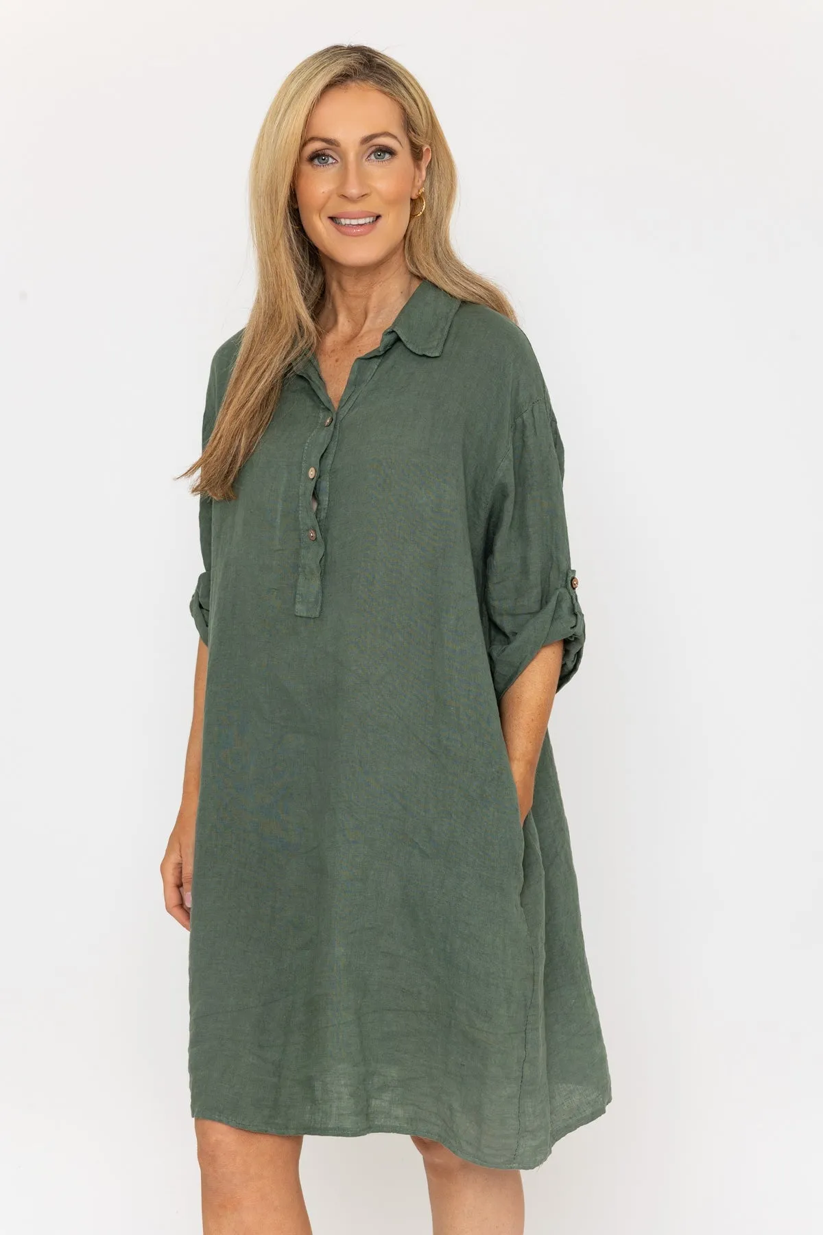 Knee Length Khaki Linen Dress