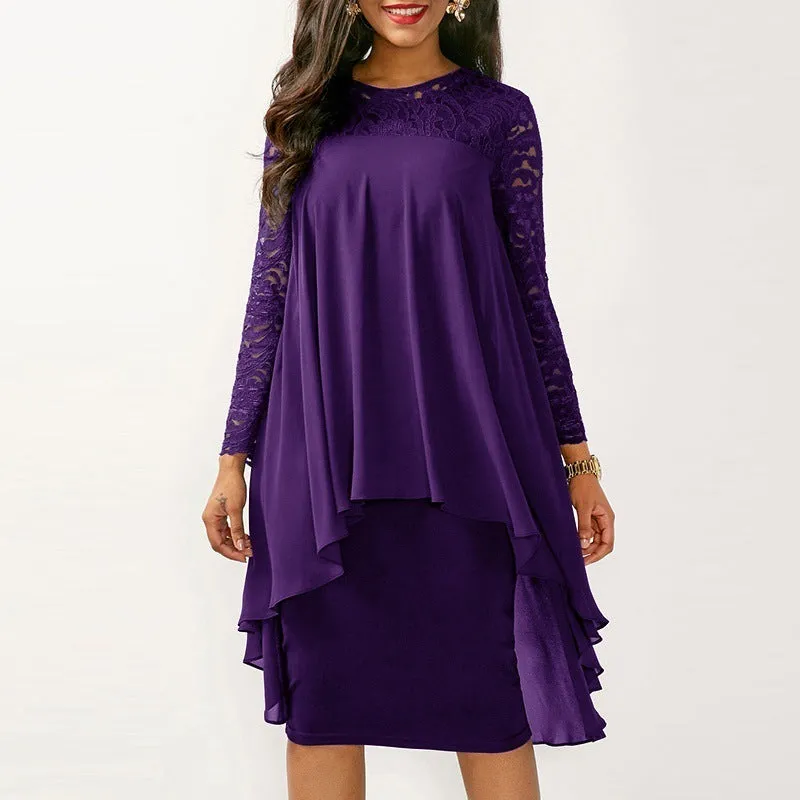 Lace Chiffon Stitching Irregular Long Sleeve Dress