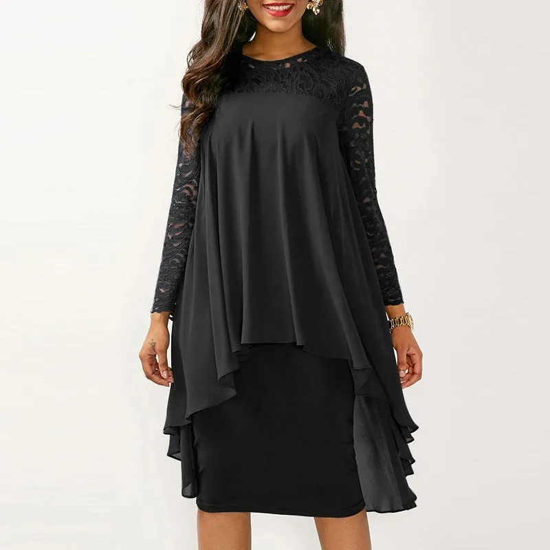 Lace Chiffon Stitching Irregular Long Sleeve Dress