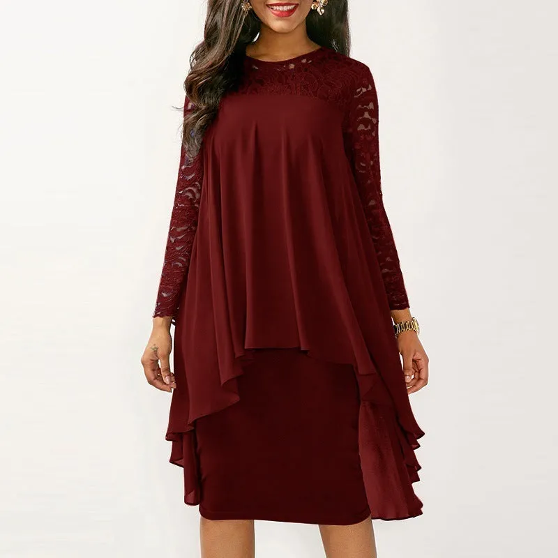 Lace Chiffon Stitching Irregular Long Sleeve Dress