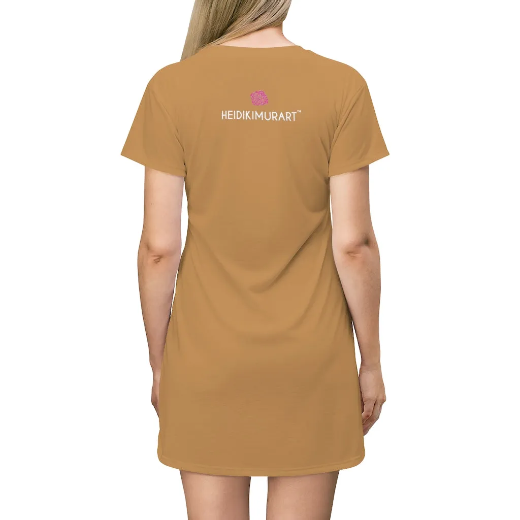 Light Brown T-Shirt Dress, Solid Color Crewneck Long Tee Shirt Dress For Women - Made in USA