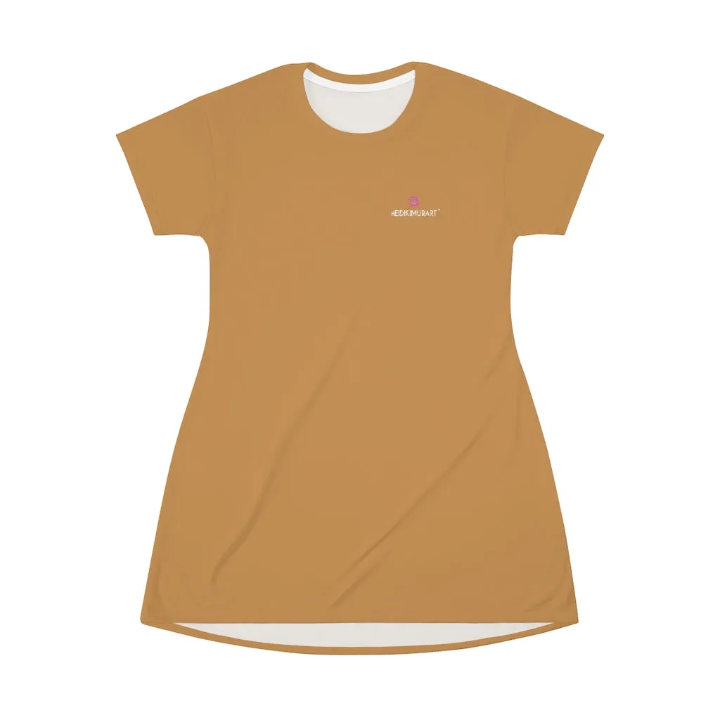 Light Brown T-Shirt Dress, Solid Color Crewneck Long Tee Shirt Dress For Women - Made in USA