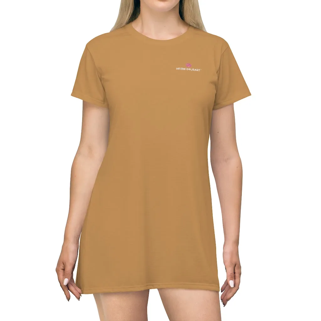 Light Brown T-Shirt Dress, Solid Color Crewneck Long Tee Shirt Dress For Women - Made in USA