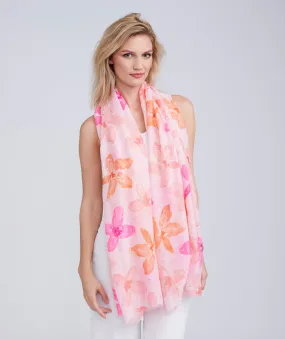 Light Pink Floral Print Scarf with Metallic Detail and Frayed Hems