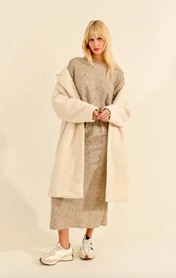 Long Faux Sheepskin Lapel Coat