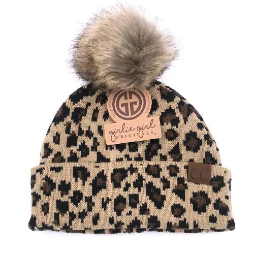 LP-43 Leopard Beanie w/Faux Fur Pom