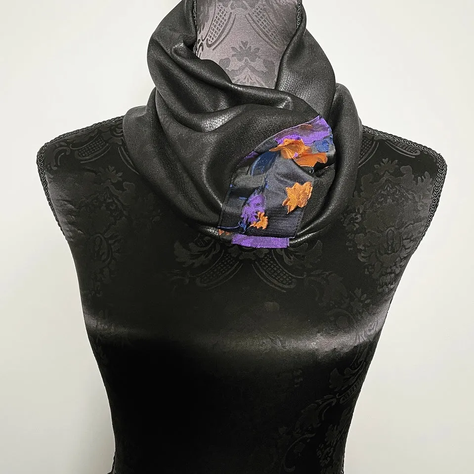 Luxe Collar - Loop Scarf - Faux Leather - Orange & Purple Floral Jacquard