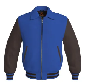 Luxury Bomber Classic Jacket Royal Blue Body and Brown Leather Sleeves