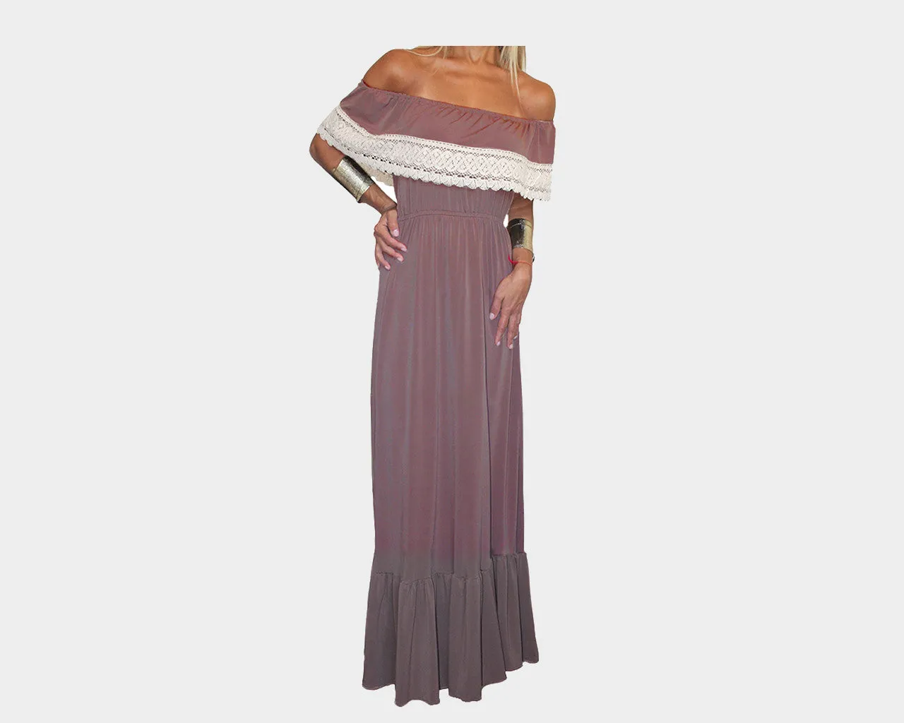 Mauve Pourpre Slit Off-Shoulder Ruffle Lace Dress - The Monaco II