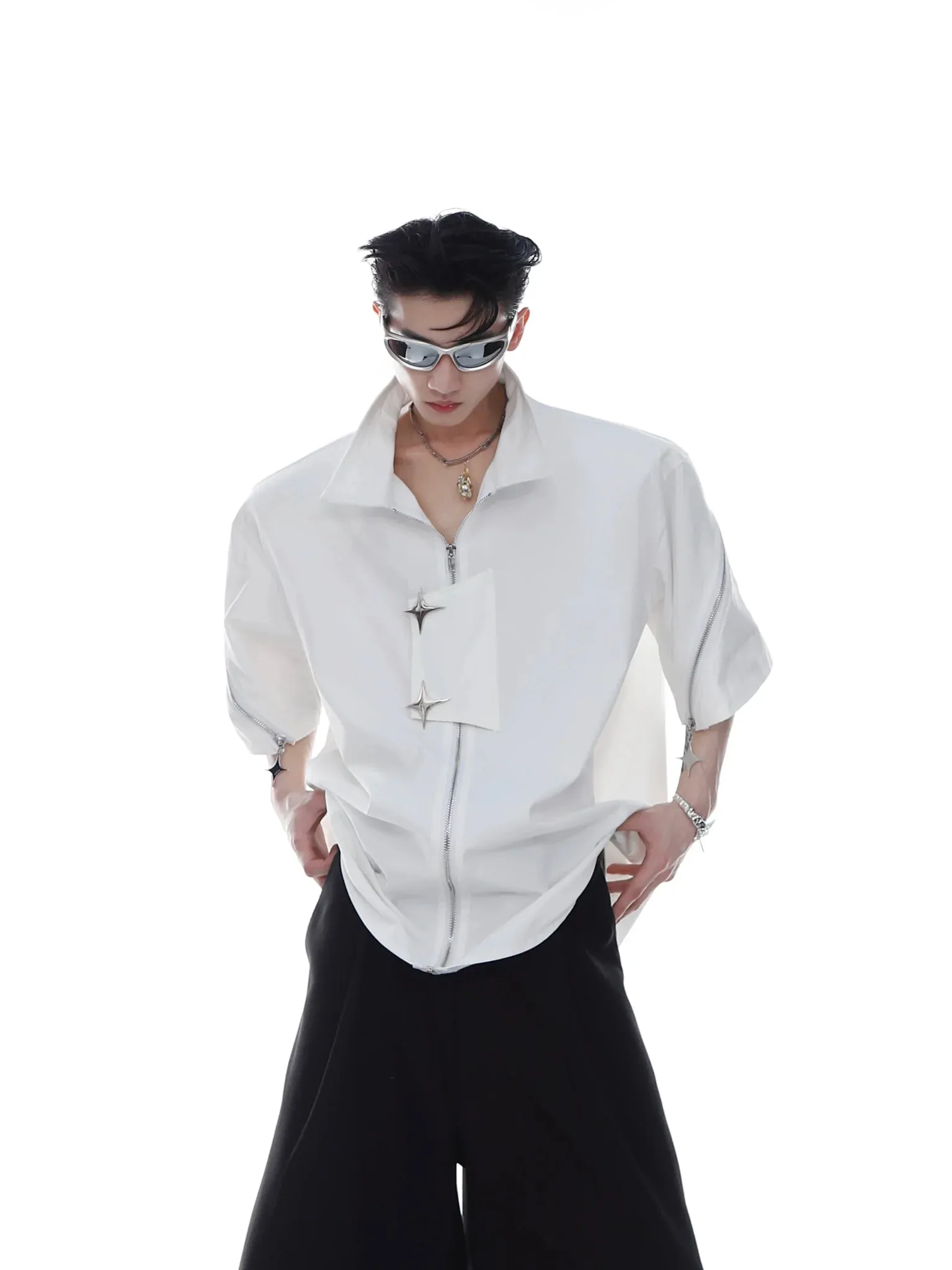 Men's Avant Garde Loose Short-Sleeve Shirt with Metal Zipper For Summer