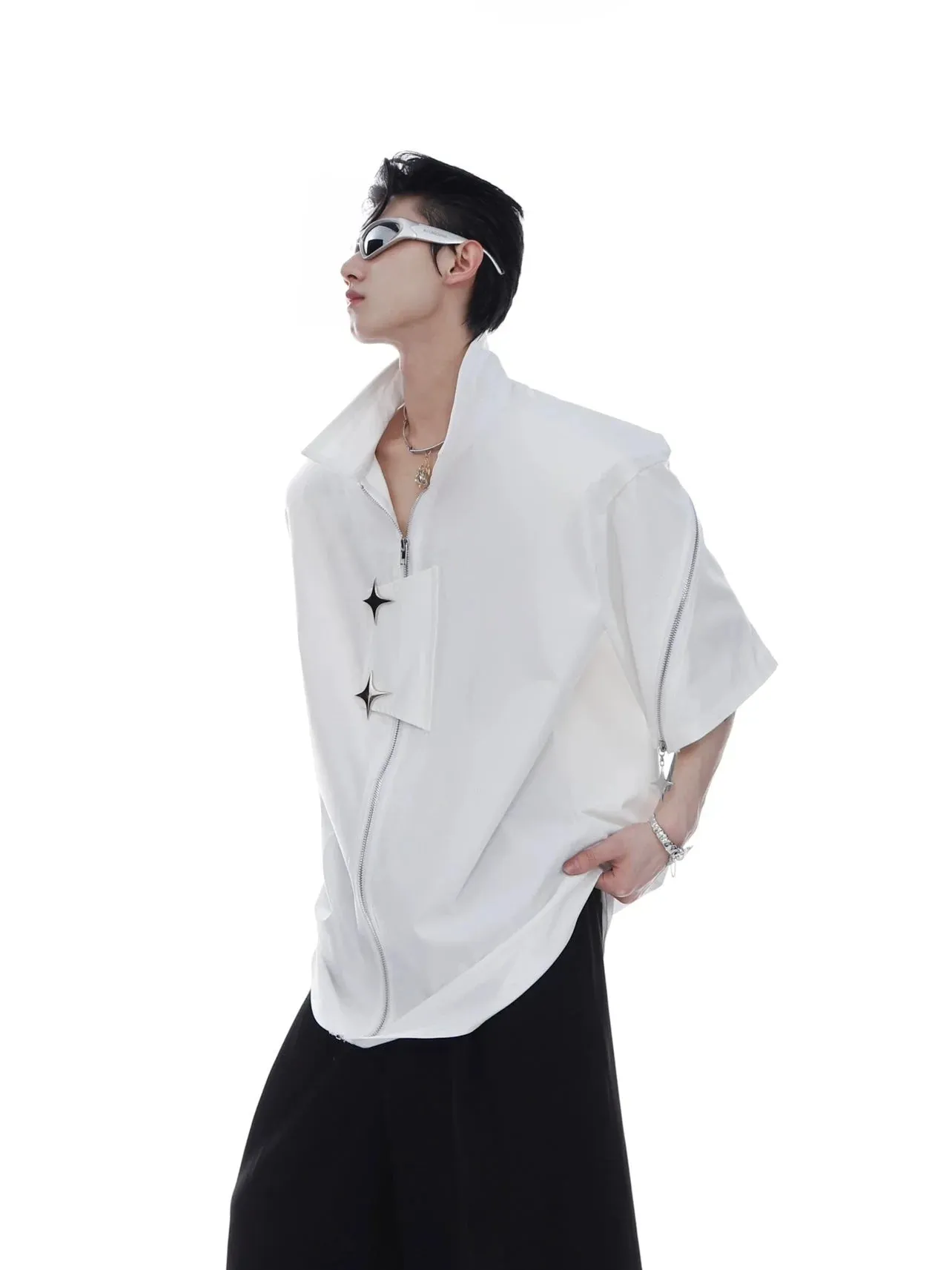 Men's Avant Garde Loose Short-Sleeve Shirt with Metal Zipper For Summer