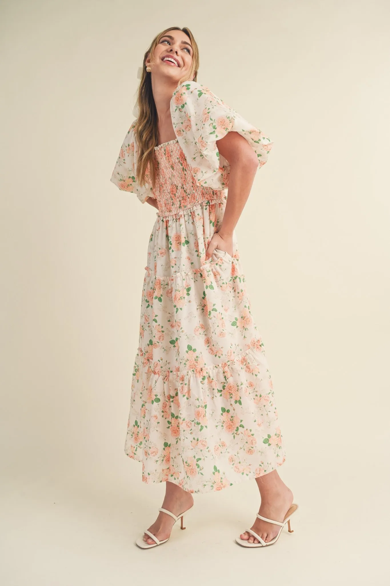 Mia Smocked Floral Puff Sleeve Maxi Dress - Peach