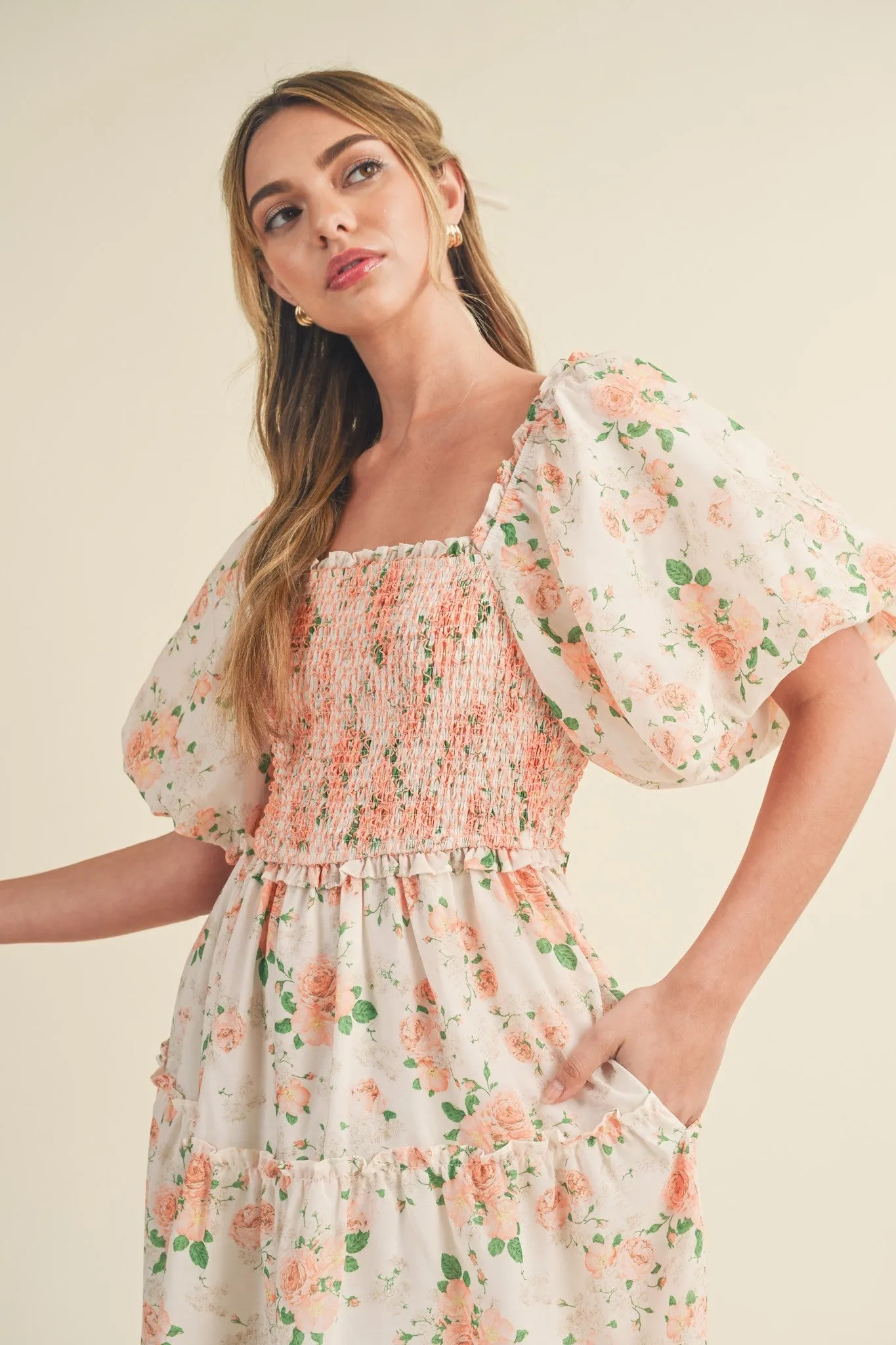 Mia Smocked Floral Puff Sleeve Maxi Dress - Peach