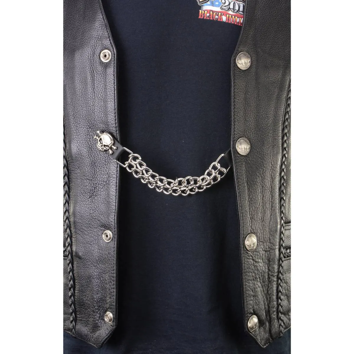 Milwaukee Leather MLA1041-Single Skull and Cross Bones Vest Extender Double Chrome Chains w/ Genuine Leather 6" Extension